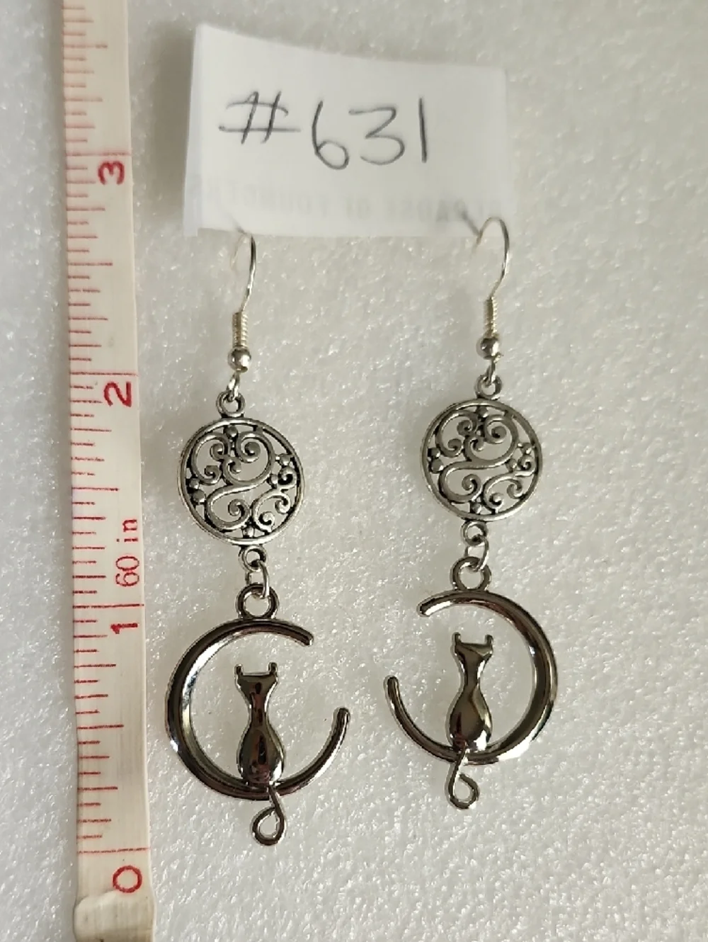 Hand Crafted Silver Cat Crescent Dangle Earrings